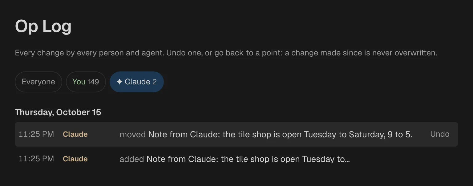 The Op Log filtered to Claude: two rows of Claude’s changes, with Undo on the row the mouse is over