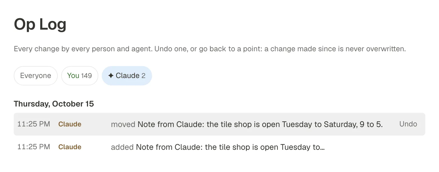 The Op Log filtered to Claude: two rows of Claude’s changes, with Undo on the row the mouse is over