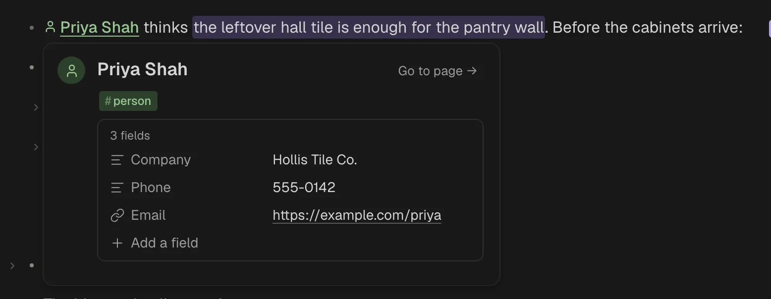 A peek over the page for Priya Shah: her name, the #person tag, her Company, Phone and Email, and Go to page