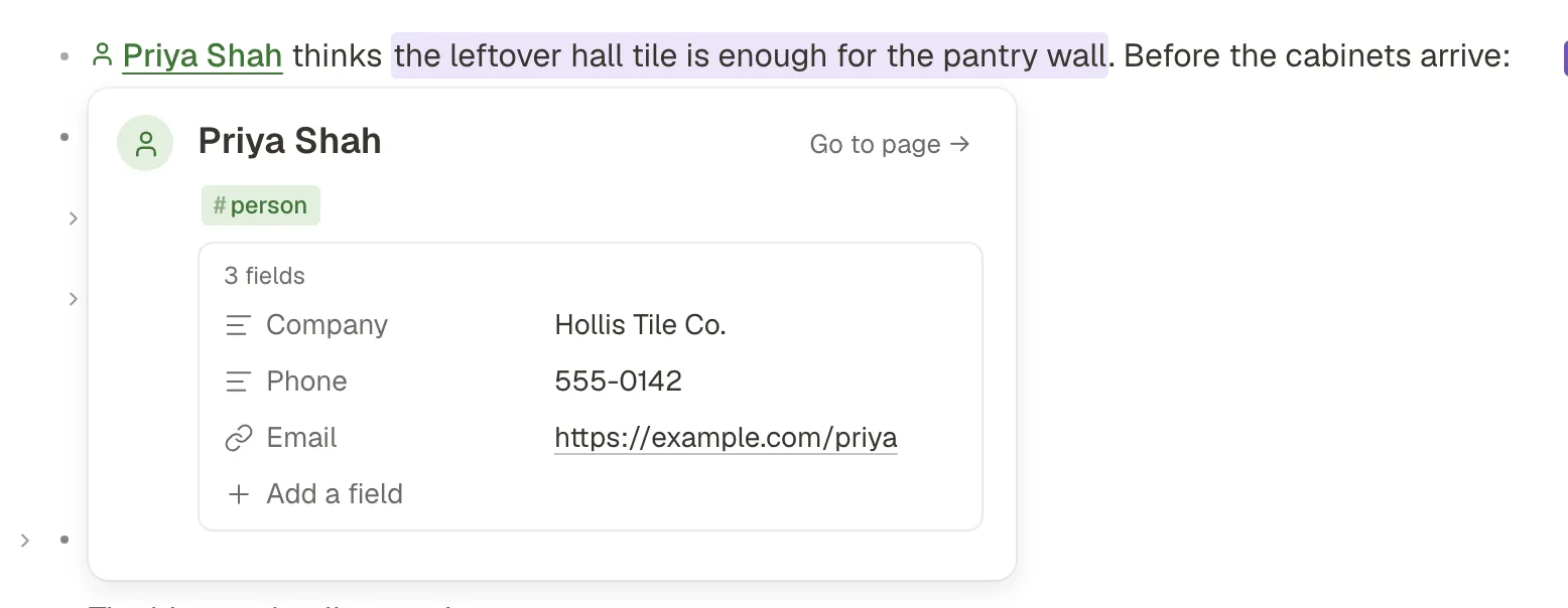 A peek over the page for Priya Shah: her name, the #person tag, her Company, Phone and Email, and Go to page