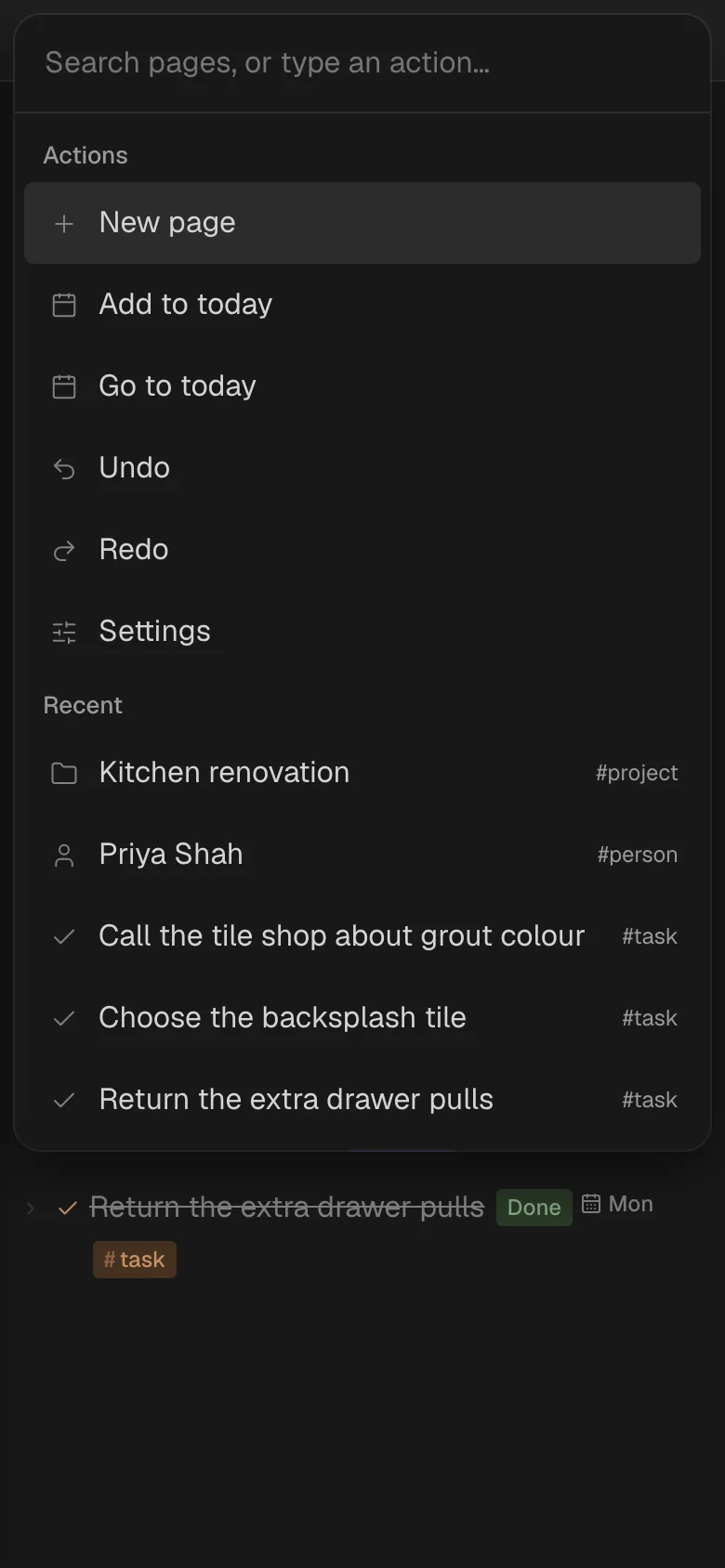 Fennick on an iPhone after a pull down at the top of a page: the search at the top of the screen, with Actions (New page, Add to today, Go to today, Undo, Redo, Settings) and Recent pages under it