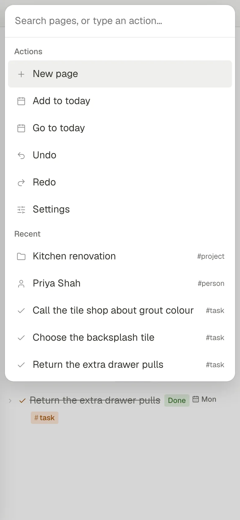 Fennick on an iPhone after a pull down at the top of a page: the search at the top of the screen, with Actions (New page, Add to today, Go to today, Undo, Redo, Settings) and Recent pages under it