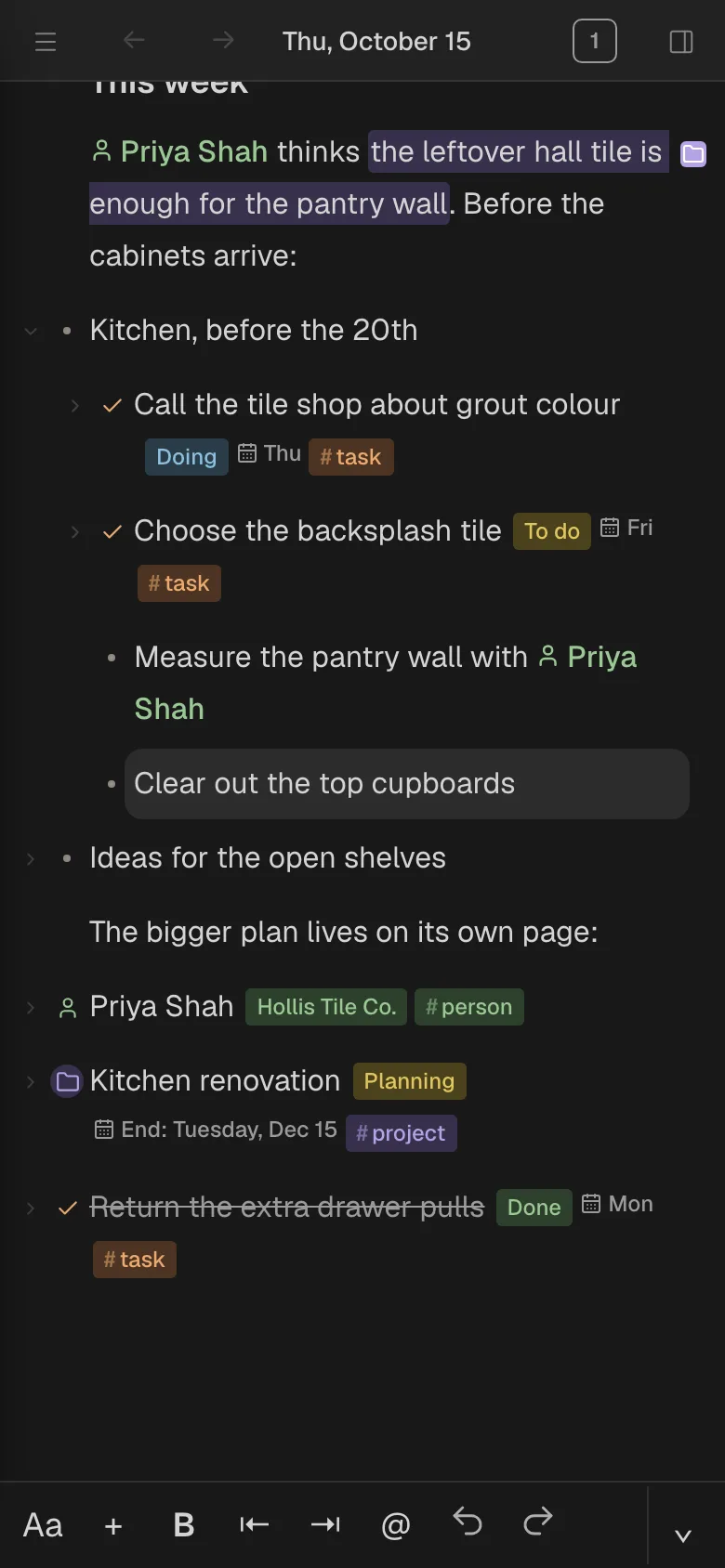 Fennick on an iPhone, opened from the Home Screen: a line being typed has a soft grey background, and the keyboard bar shows Aa, +, B, outdent, indent, @, undo, redo and hide keyboard