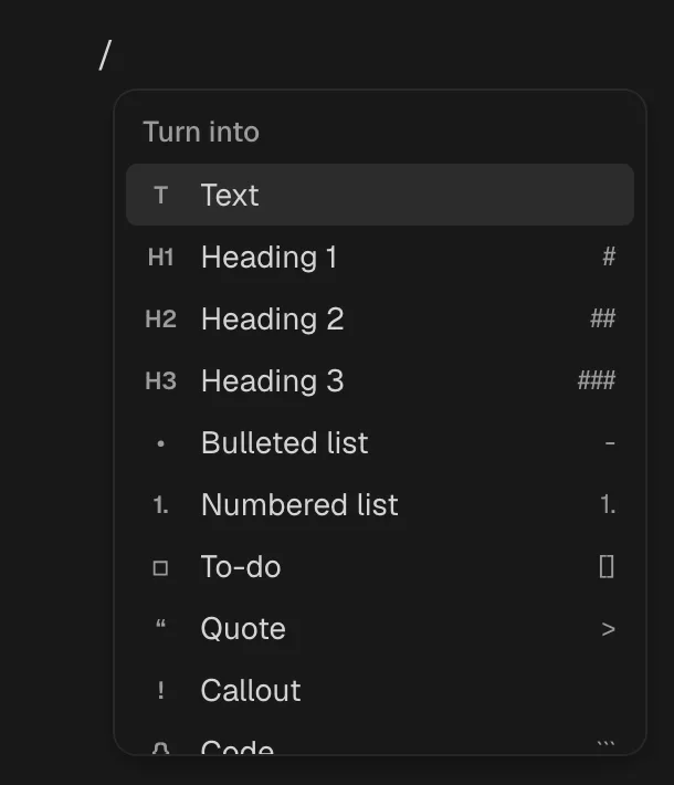 The / menu open under a new line, listing Text, Heading 1, Heading 2, Heading 3, Bulleted list, Numbered list and To-do