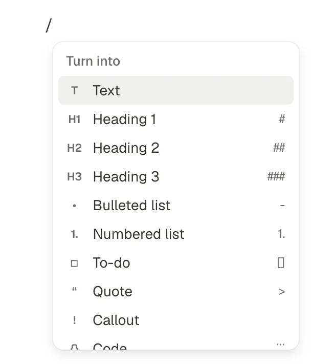 The / menu open under a new line, listing Text, Heading 1, Heading 2, Heading 3, Bulleted list, Numbered list and To-do
