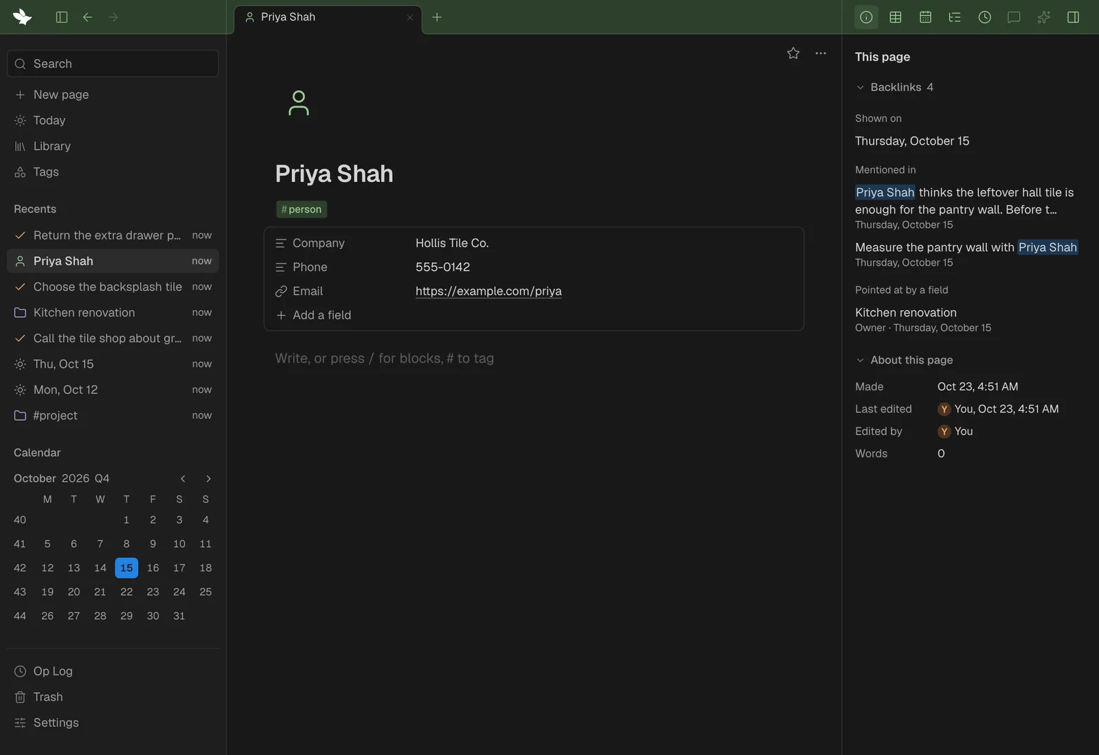The page of the person Priya Shah: the #person tag and a box with Company, Phone and Email; the right panel shows Backlinks with Shown on, Mentioned in and Pointed at by a field, then About this page