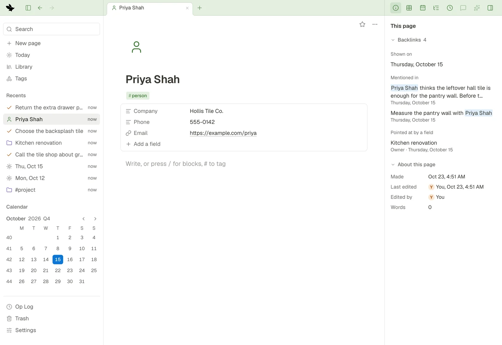 The page of the person Priya Shah: the #person tag and a box with Company, Phone and Email; the right panel shows Backlinks with Shown on, Mentioned in and Pointed at by a field, then About this page