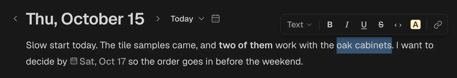 Two words selected in a line, with the toolbar above them: Turn into, Bold, Italic, Underline, Strikethrough, Code, Highlight and Link