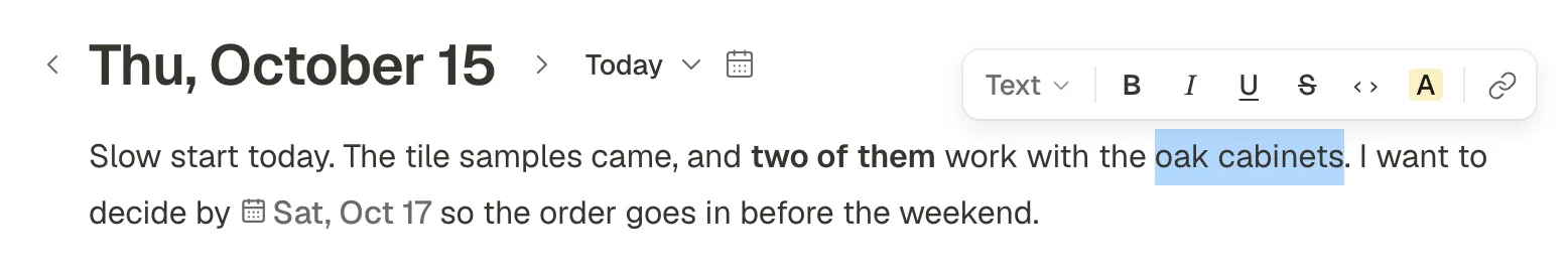 Two words selected in a line, with the toolbar above them: Turn into, Bold, Italic, Underline, Strikethrough, Code, Highlight and Link