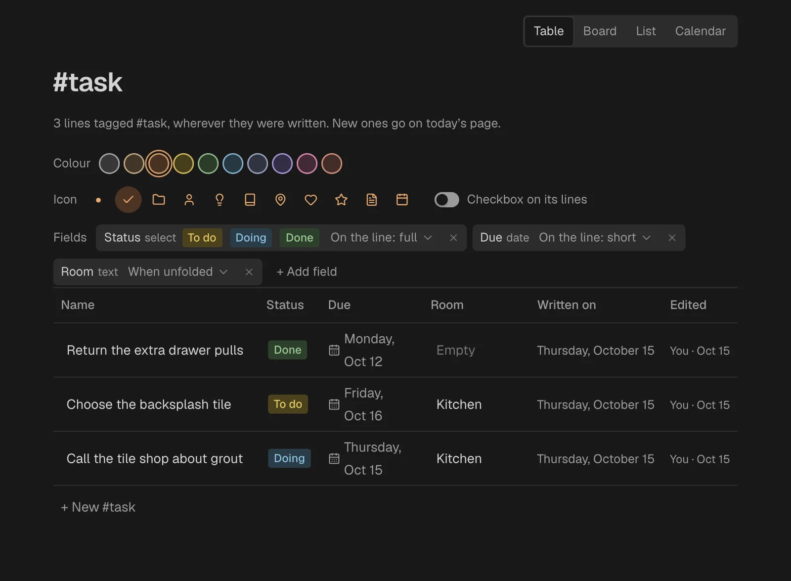 The #task tag page: colour swatches, icons, the Checkbox on its lines switch, the fields Status, Due and Room with where each shows, and a table of three tasks