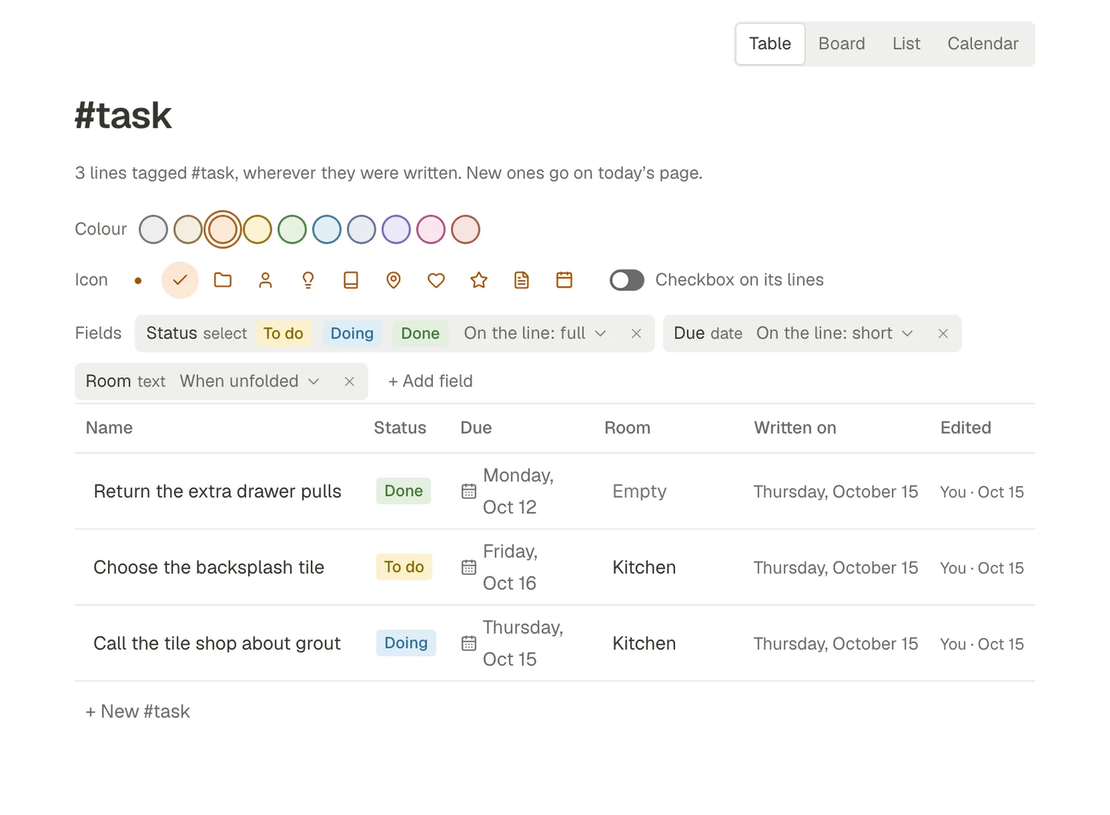 The #task tag page: colour swatches, icons, the Checkbox on its lines switch, the fields Status, Due and Room with where each shows, and a table of three tasks