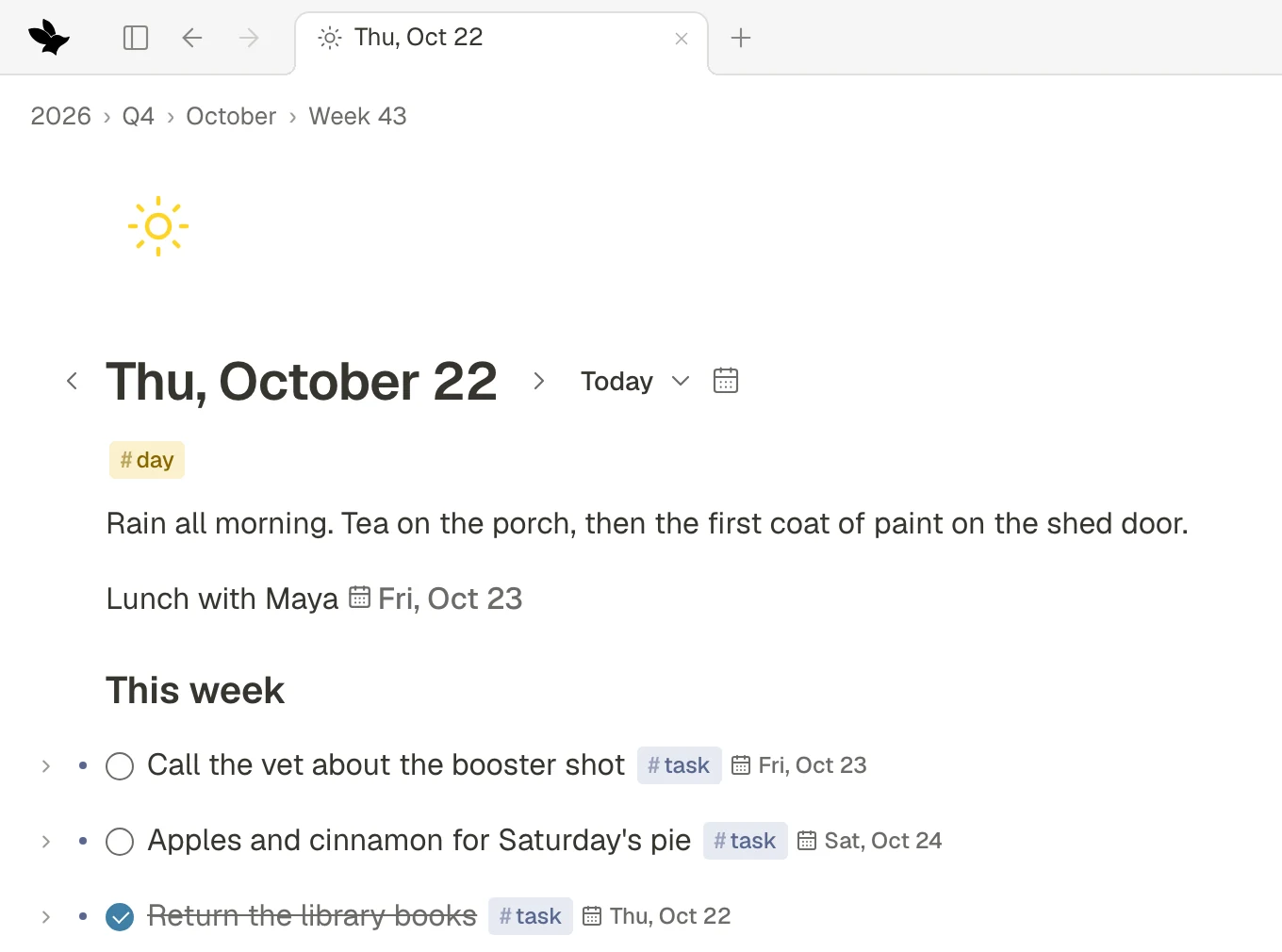 A daily note in a narrow window: the path 2026, Q4, October, Week 43, then Thu, October 22 with arrows, Today, the date menu and the calendar, a #day tag, a block linked to Fri, Oct 23, and three tasks with their due dates.