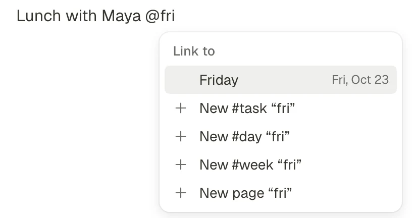 Typing @fri in a block: the Link to menu offers Friday, Fri, Oct 23, first.