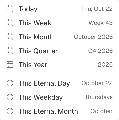 The date menu: Today, This Week, This Month, This Quarter and This Year, then This Eternal Day, This Weekday and This Eternal Month.