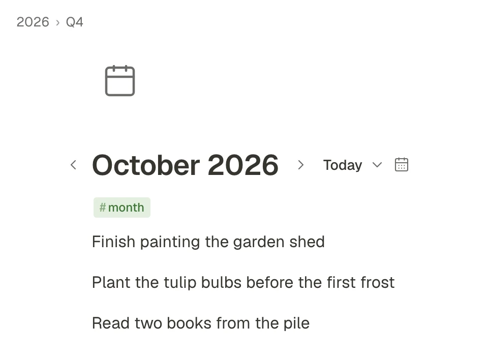 The October 2026 page: the path 2026, Q4, its own #month tag, and three goals written on it.