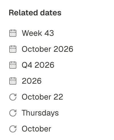 Related dates for Thu, October 22: Week 43, October 2026, Q4 2026 and 2026, then October 22, Thursdays and October, which come back every year.